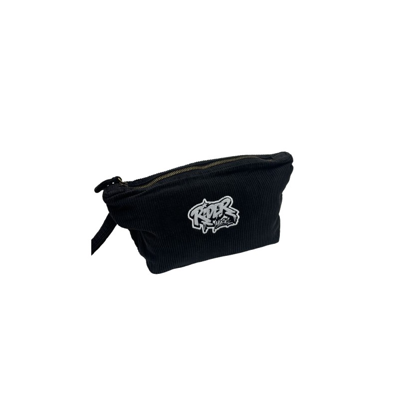 Rider Music Pochette en Velours Côtelé Effet Délavé Noir Logo Brodé Blanc