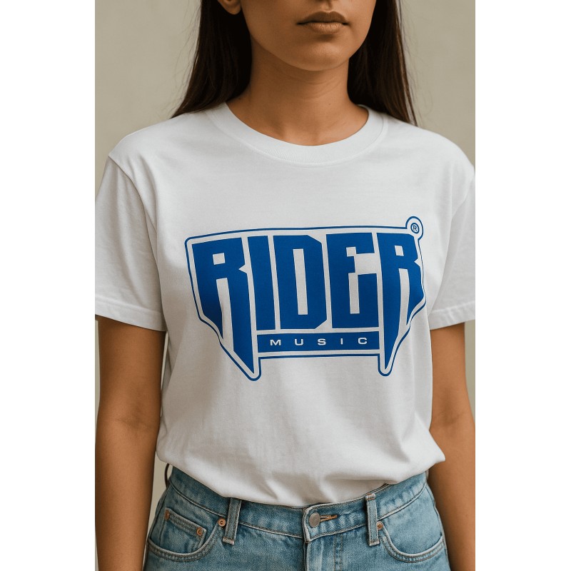 Rider Music Tee Shirt Unisexe Blanc Logo Bleu