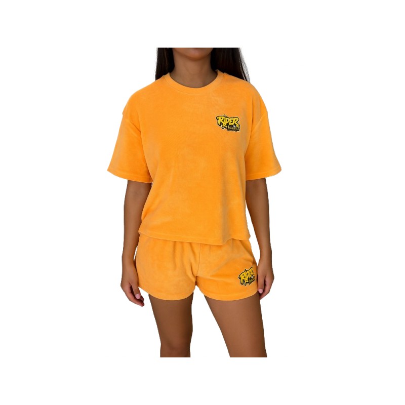 Rider Music Ensemble Oversize Éponge Femme Tee-Shirt & Short Abricot Logo Jaune