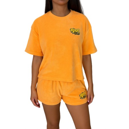 Rider Music Ensemble Oversize Éponge Femme Tee-Shirt & Short Abricot Logo Jaune