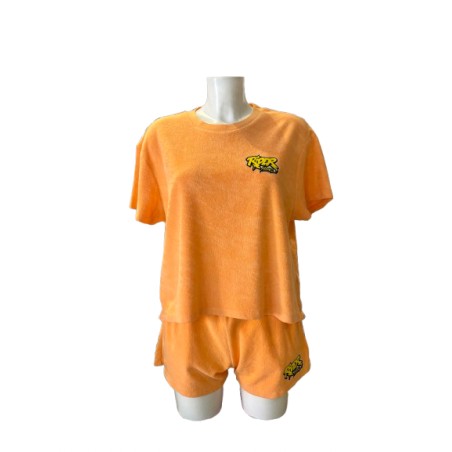 Rider Music Ensemble Oversize Éponge Femme Tee-Shirt & Short Abricot Logo Jaune